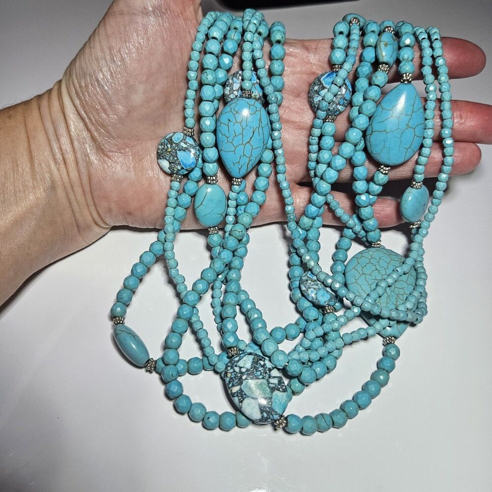 Erica Lyons Silver Tone Chunky Turquoise Beaded Layered Necklace 18-21"